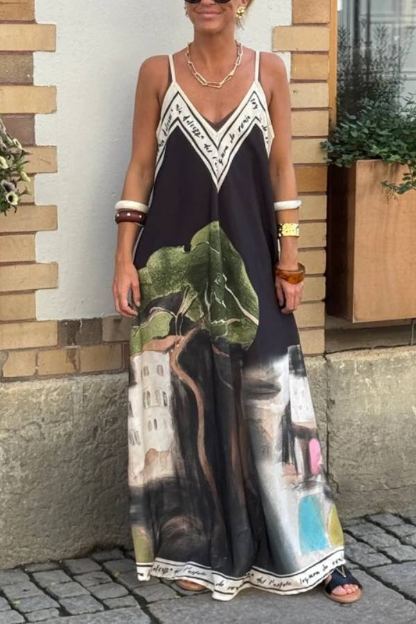 Artistic Oil Painting Print V-Neck Slip Maxi Dress