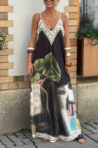 Artistic Oil Painting Print V-Neck Slip Maxi Dress