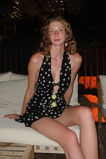 Polka Dot Halter Neck Plunging V-Neck Ruffle Hem Mini Dress