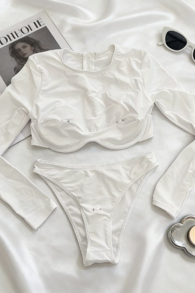 White Underwire Long Sleeve Two Piece Swim Set