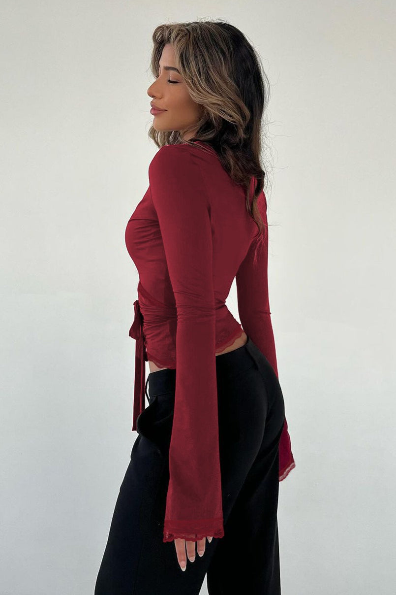 V Neck Lace Trim Bodycon Long Sleeve Tee