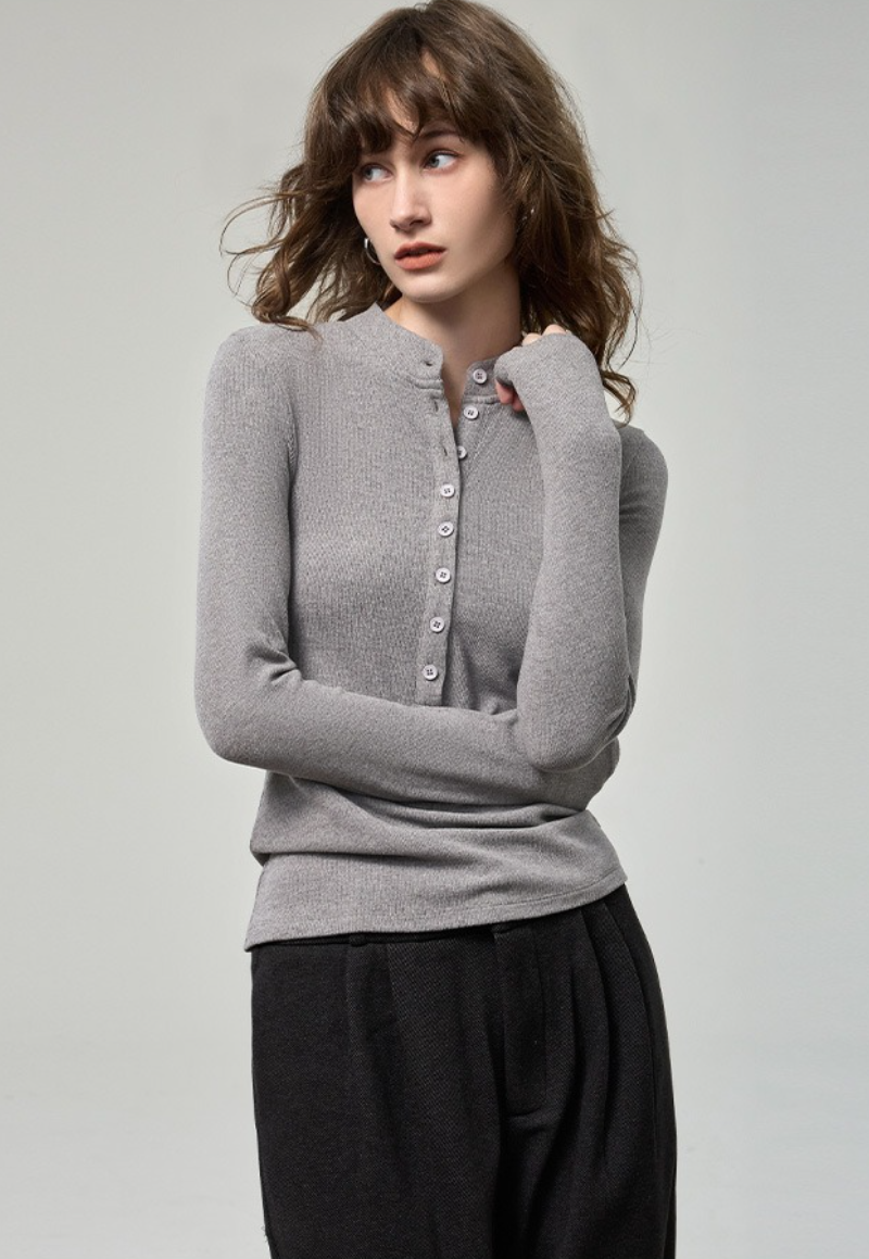Fitted Henley Button Slim Crew Neck Long Sleeve Blouse
