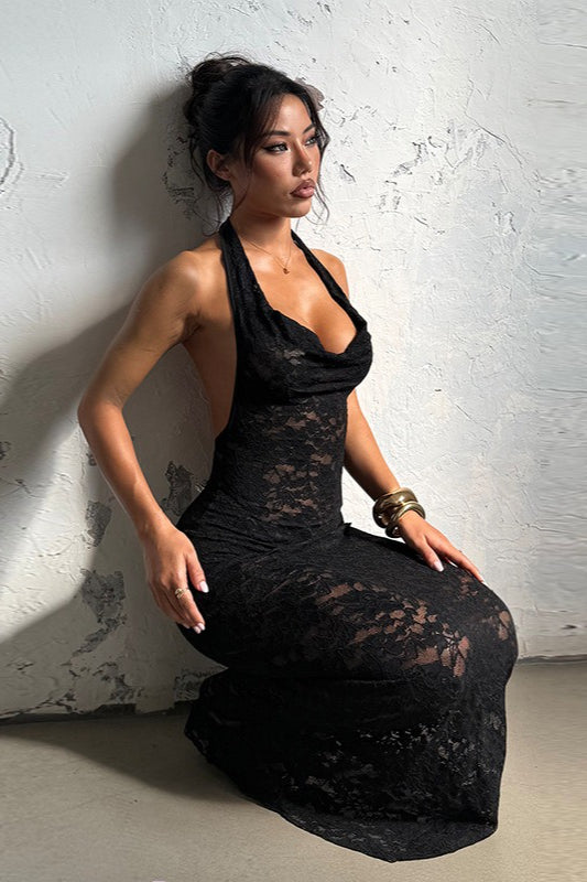 Sheer Halter Backless Lace Dress