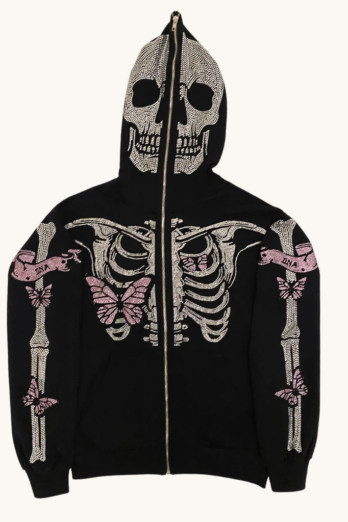 Cartoon Print Camo Panel Zip Youthful Casual Hoodie