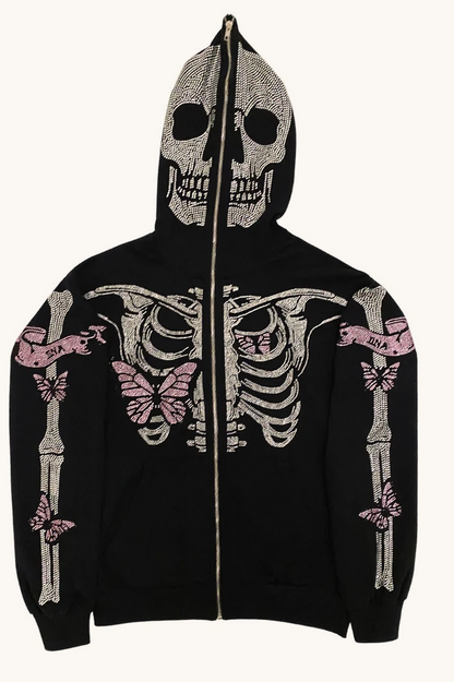 Cartoon Print Camo Panel Zip Youthful Casual Hoodie