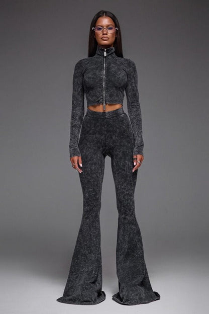 Sexy Zip Front Crop Top Flared Pants Set