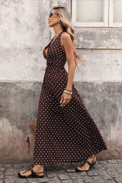 Retro Polka Dot Halter Deep V Maxi Dress