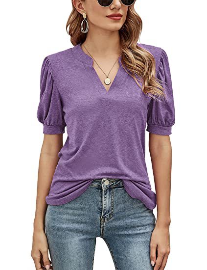 Top Summer Casual V neck Solid Color Puff Sleeve Loose T shirt Women