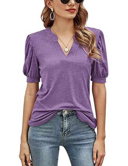 Top Summer Casual V neck Solid Color Puff Sleeve Loose T shirt Women