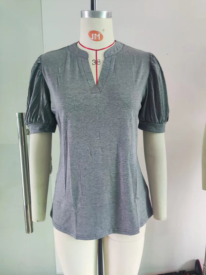 Top Summer Casual V neck Solid Color Puff Sleeve Loose T shirt Women