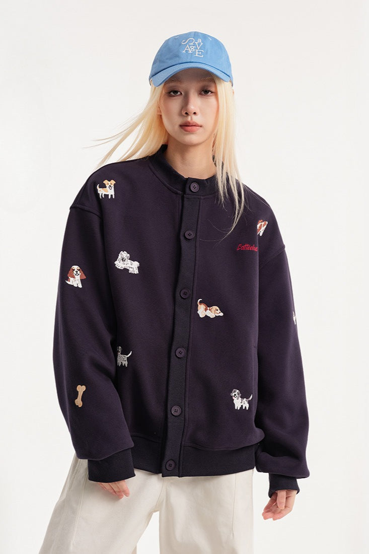 Cartoon Dog Terry Embroidery Cardigan