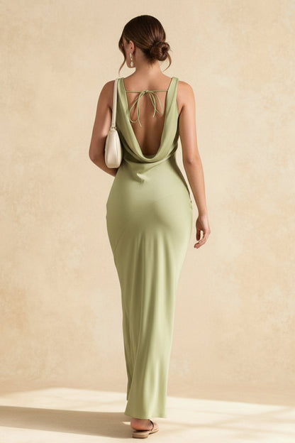 Satin Bodycon Backless Fish Maxi Dress