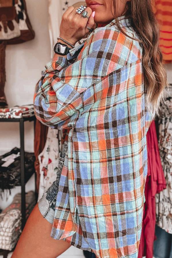 Orange Plaid Print Pocket Loose Shirt