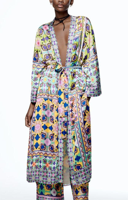 Summer Casual Women Clothing Printed with Belt Printed Kimono Dress