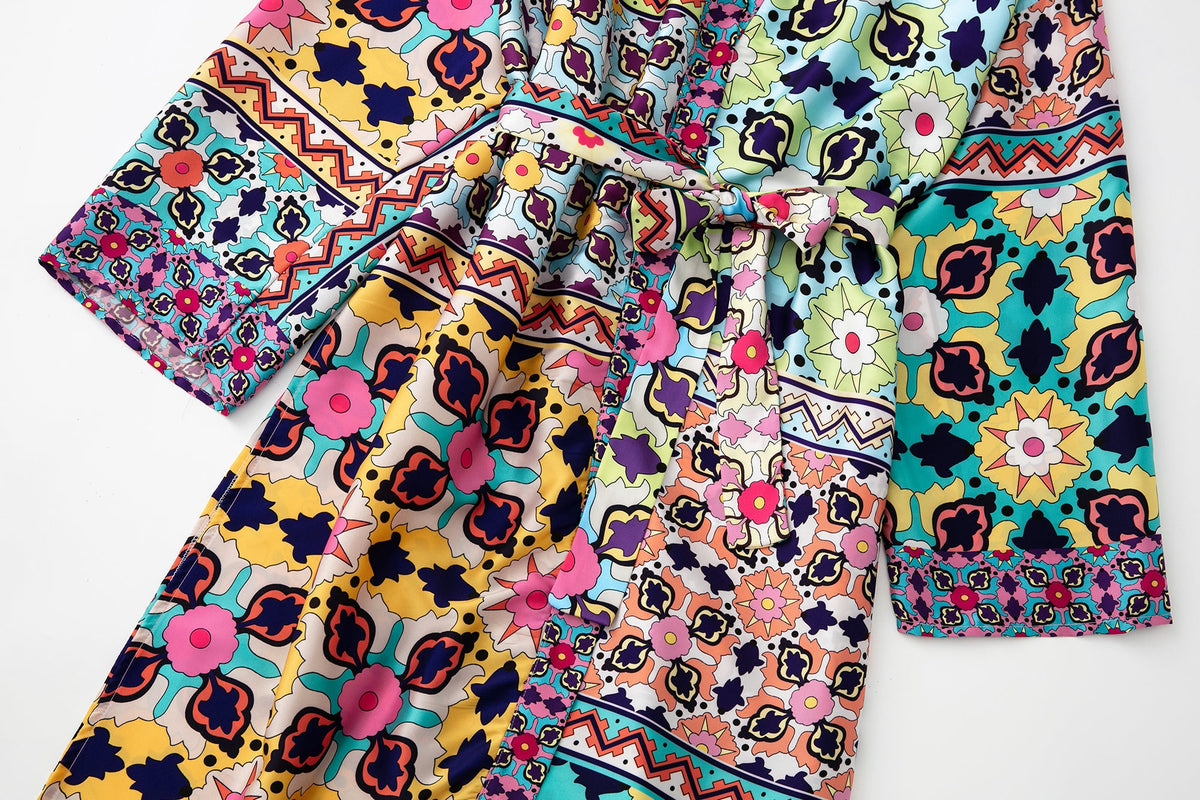 Summer Casual Women Clothing Printed with Belt Printed Kimono Dress