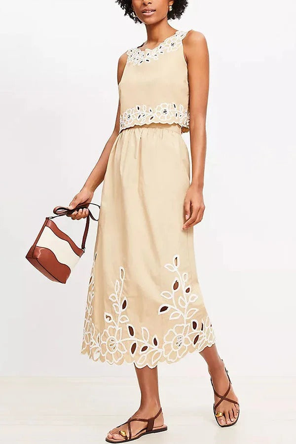 Vacation Season Floral Eyelet Poplin Tank and High Rise Elastic Waist Midi Skirt