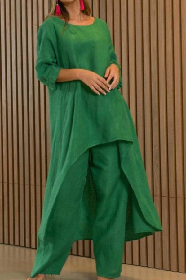 Linen Asymmetrical Long Top + Wide-Leg Pants Set