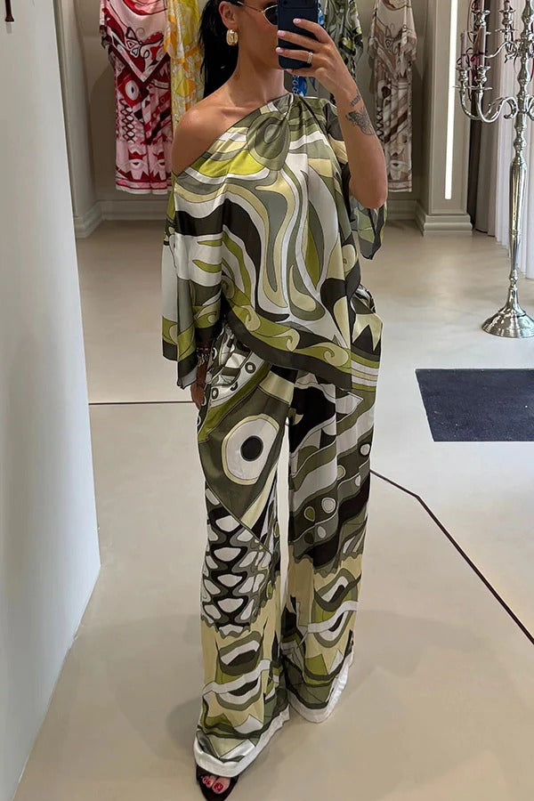 Luxe Resort Satin Unique Print Cape-style Top and Elastic Waist Pocket Wide Leg Pants Set