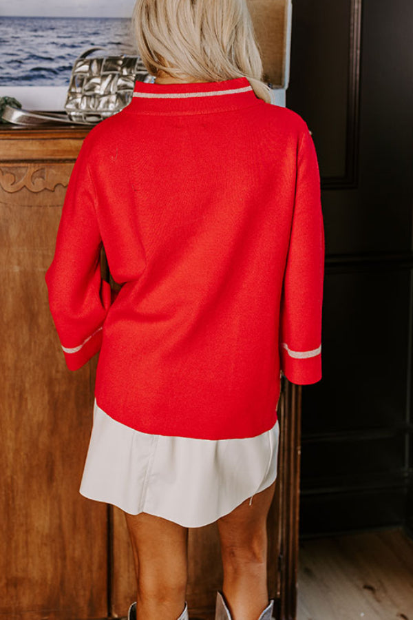 Class Act Knit Contrast Color Trim Mock Neck Pockets Sweater
