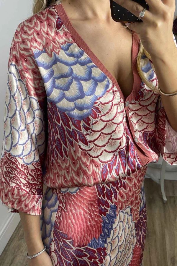 Satin Floral Print V-neck Half-sleeve Loose Top and Elegant Maxi Skirt Set