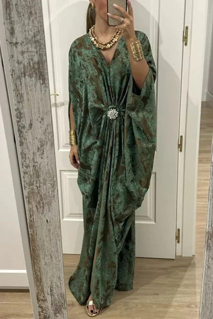 Airy Satin Unique Print V-neck Gemstone Embellished Drape Robe Maxi Dress