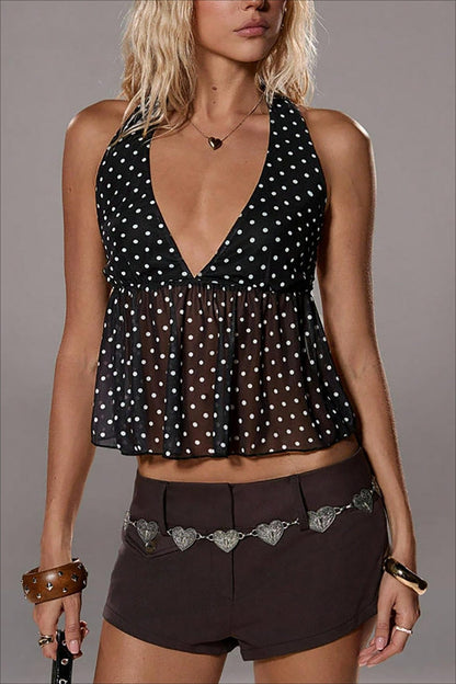 Polka Dot Deep V Ruffle Tie Neck Halter Top