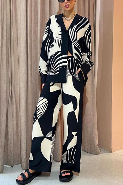 Graphic Printed Long Sleeve Blouse Shirt Wide Leg Pants 2 Pieces Set