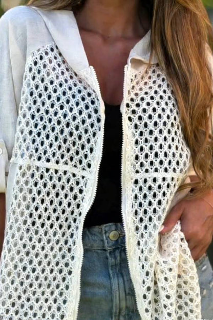 Hooded Patchwork Crochet Knit Openwork Jacket