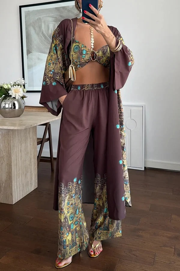 Exotic Printed Gemstone Crop Tank and Elastic Waist Pocket Pants and Kimono Cover-up 3 Pieces Set