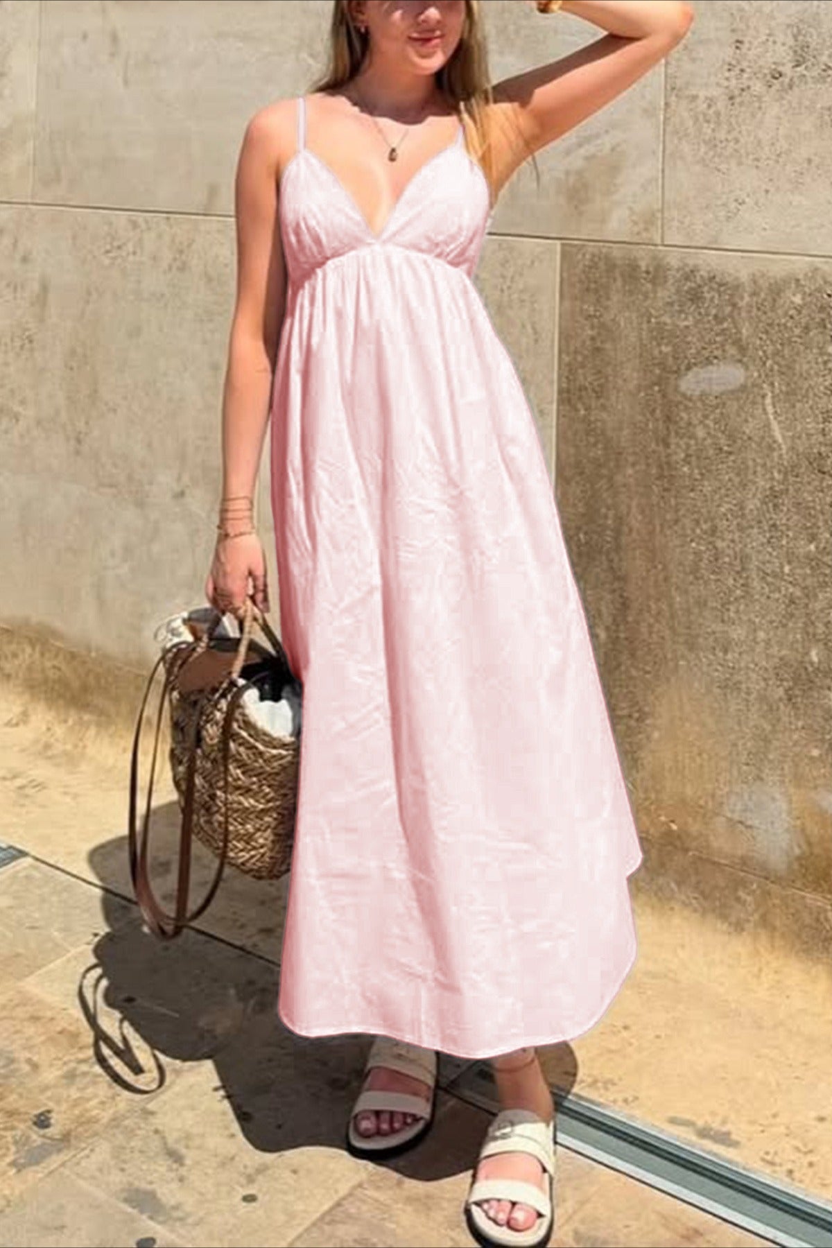 Deep V High Waist Relaxed Vacation Maxi Dress