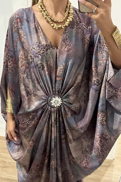 Satin Printed Rhinestone Twist Loose Kaftan Maxi Dress