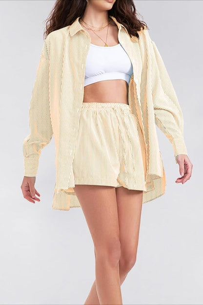 Striped Lapel Long Sleeve Blouse Shorts Set