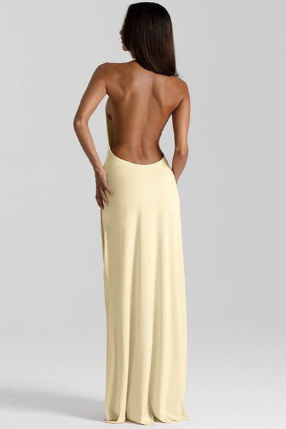 Deep V Halter Ruched Twist Waist Thigh Slit Jersey Maxi Wrap Dress