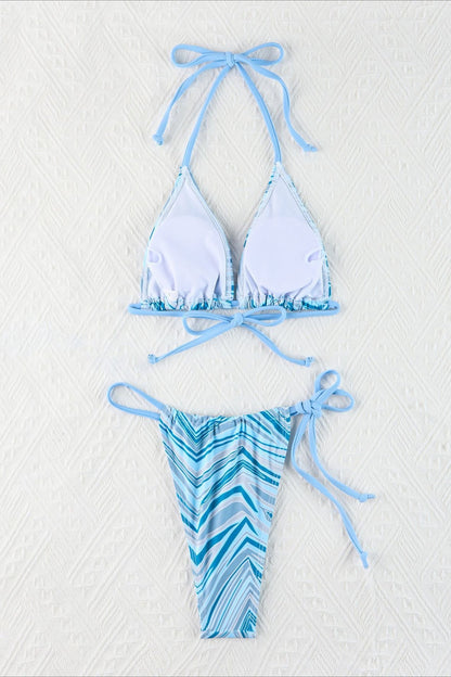 Retro Striped Halter Tie String Triangle Bikini Set