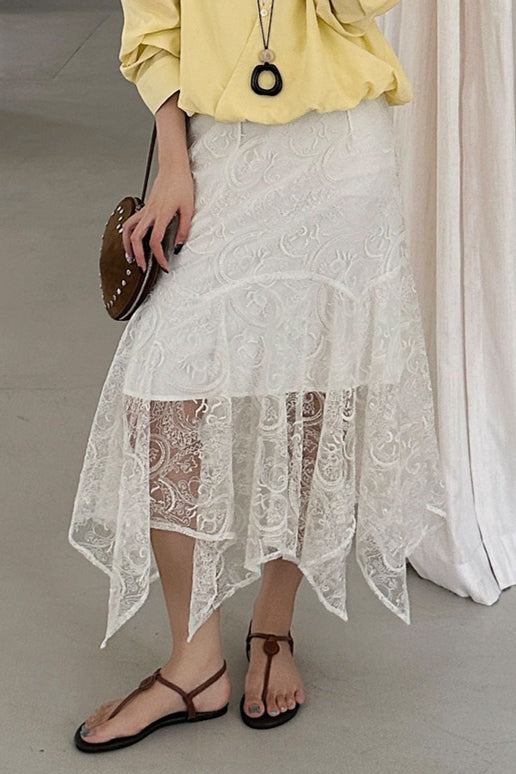 Vintage Asymmetrical Lace Midi Boho Skirt