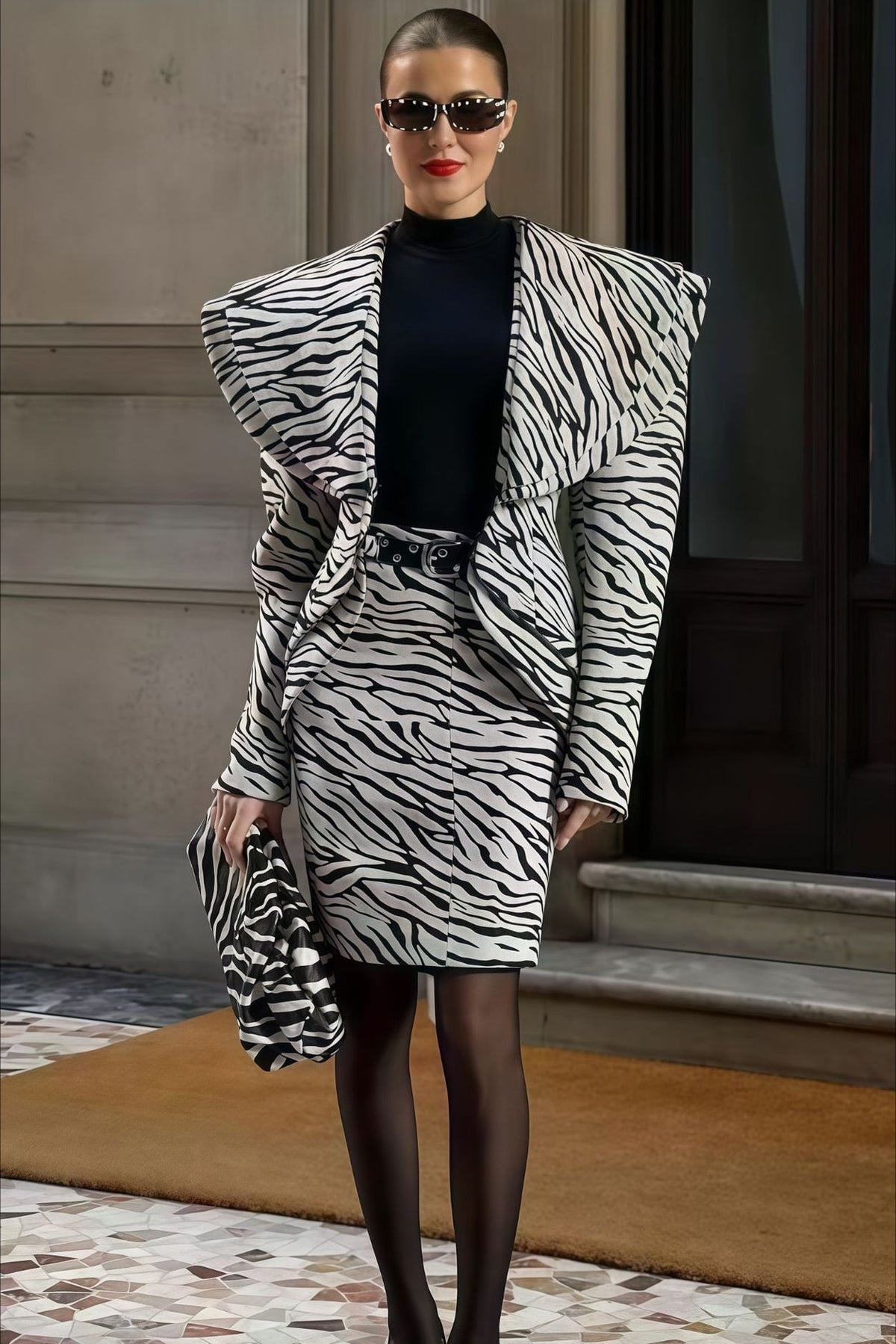 V Neck Zebra Print Two Piece Blazer Skirt Set