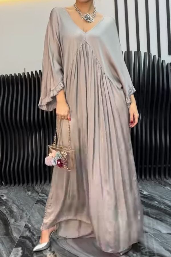 Satin Solid Color V-neck Lotus Leaf Sleeve Loose Pleated Maxi Dress