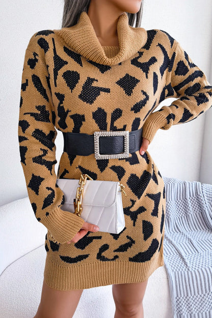 Leopard Turtleneck Sweater Dress