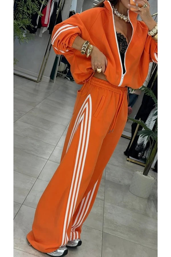 Fashionable Sporty Stripes Long Sleeve Zipper Drawstring Jacket and Elastic Waist Pocket Pants Set