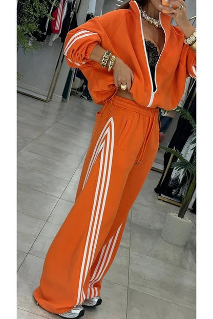 Fashionable Sporty Stripes Long Sleeve Zipper Drawstring Jacket and Elastic Waist Pocket Pants Set
