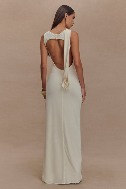 High Neck Ruched Crossover Drape Hip High Slit Jersey Maxi Dress
