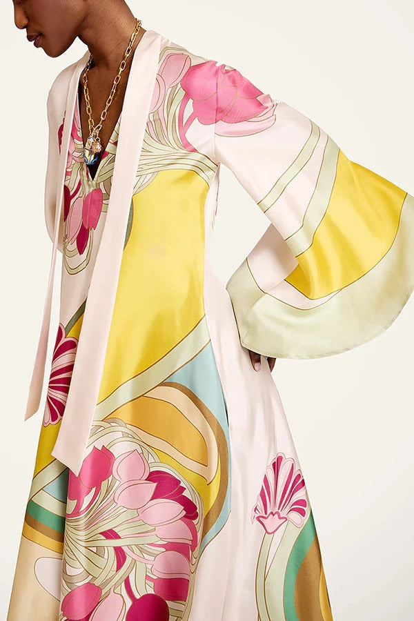 Darla Satin Colorful Baroque Style Printed Tie-up Neck Bell Sleeve Maxi Dress