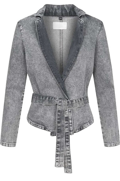 Casual Meetup Denim Stand Neck Long Sleeve Belted Loose Jacket