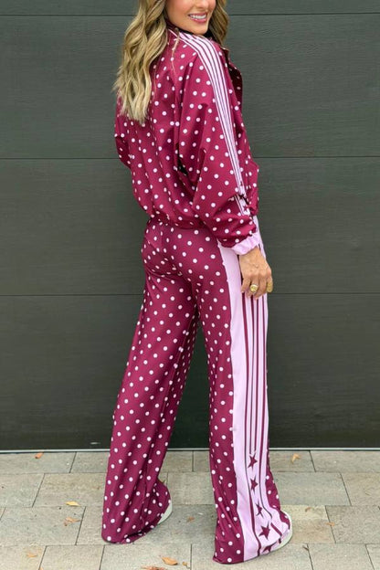 Lucienne Polka Dot Striped Star Print Zipper High Neck Pocket Sporty Jacket