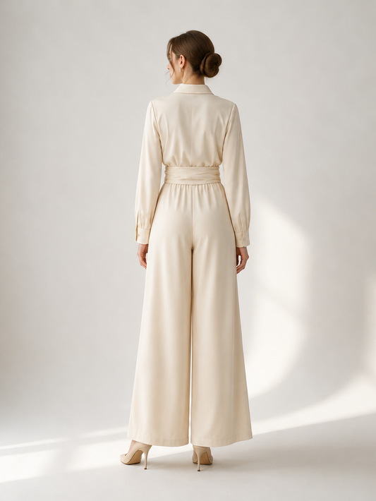 Linen Cotton 2 Piece Set For Women - Elegant Long Sleeves Belted Shirt And Wide Leg Pants - Summer Resort Style 2026