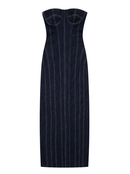 Black Strapless Bustier Contrast Stitch Panel Denim Midi Dress