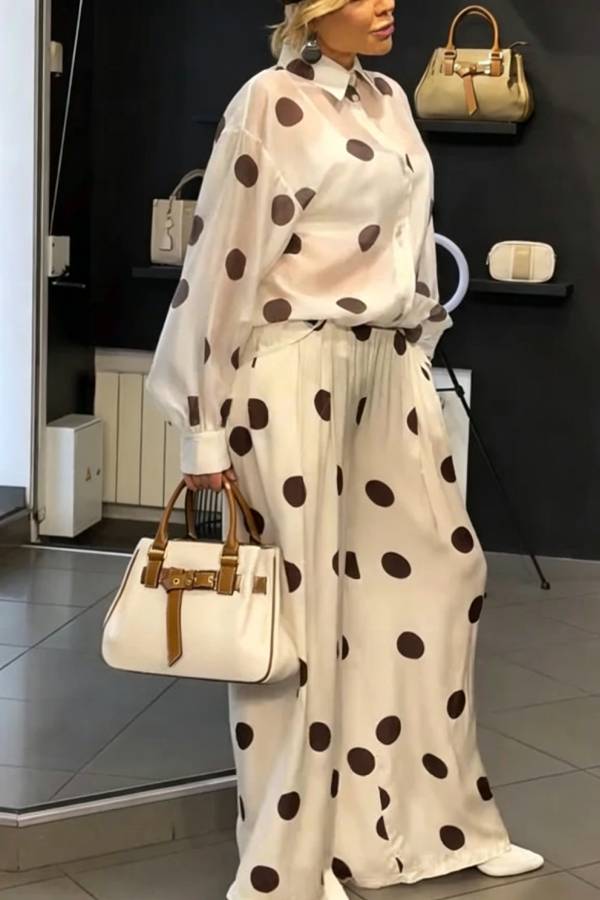 Grazia Polka Dot Sheer Long Balloon Sleeve Shirt and Elastic Waist Pocket Wide Leg Pants Set