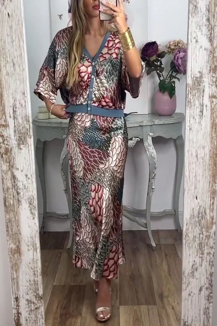Harlen Satin Unique Printed Loose Shirt Top and Elastic Waist Maxi Skirt Set