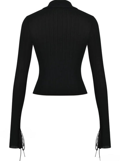 Long Sleeve Casual Turn-Down Collar Button-Down Knit Top