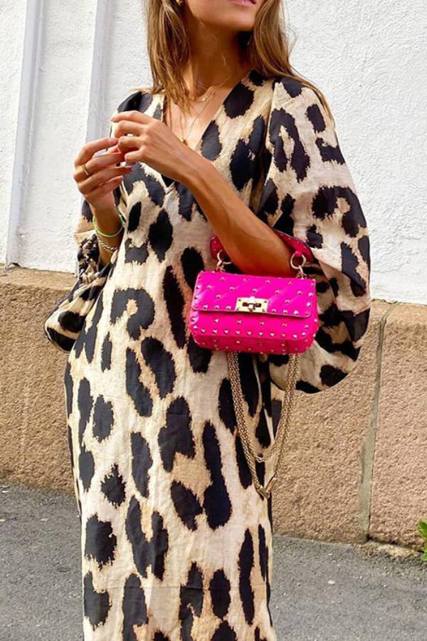 Loose V-Neck Leopard Print Balloon Sleeve Midi Dress